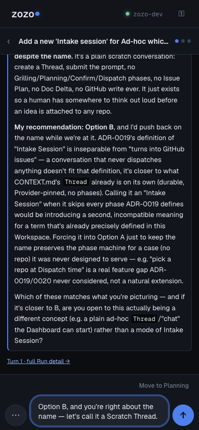 Zozo on a phone: a paused agent asks which option to take, with the answer being typed to resume it